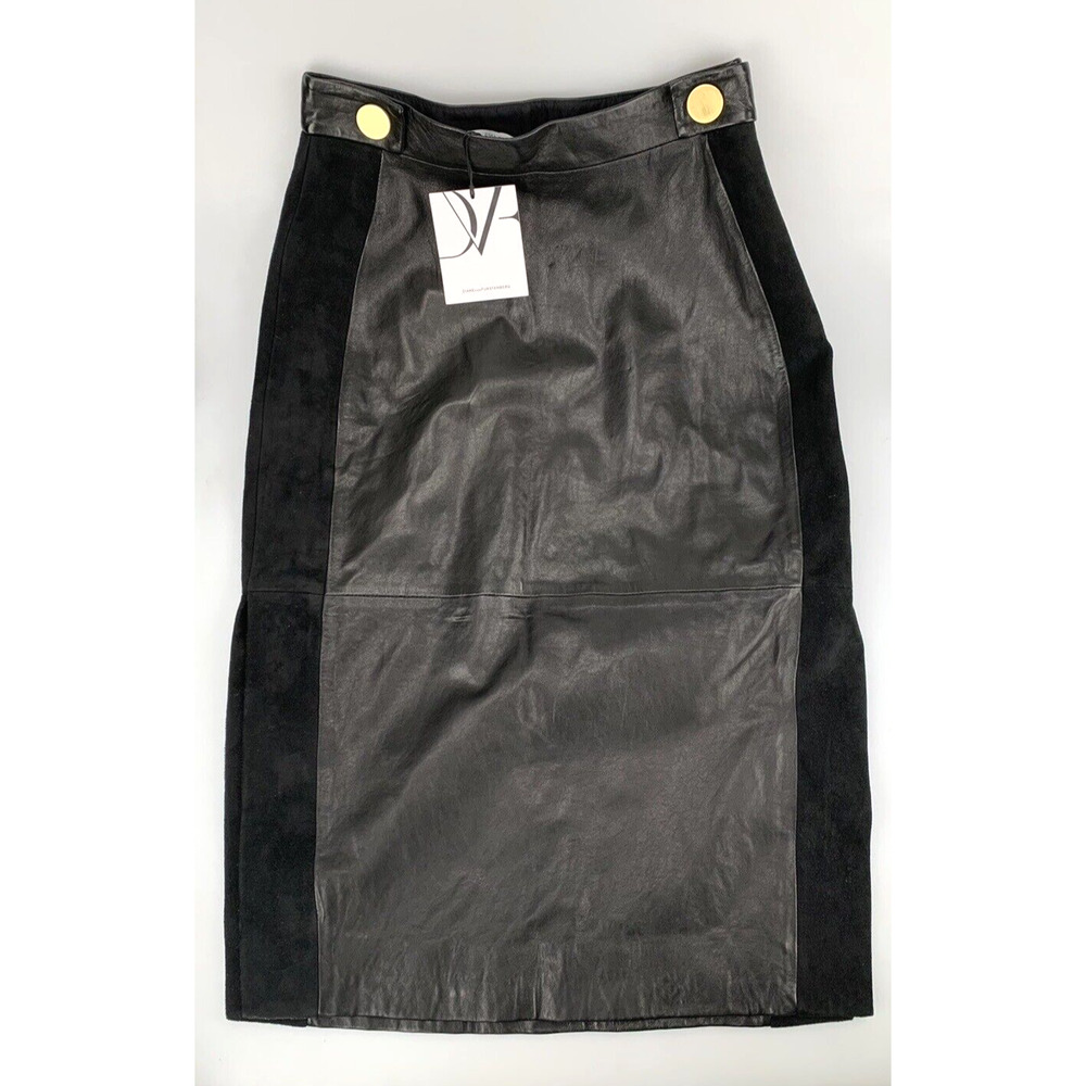 Diane Von Furstenberg DVF Leather Panel Acmis Long Skirt Black Suede Size 2 NEW
